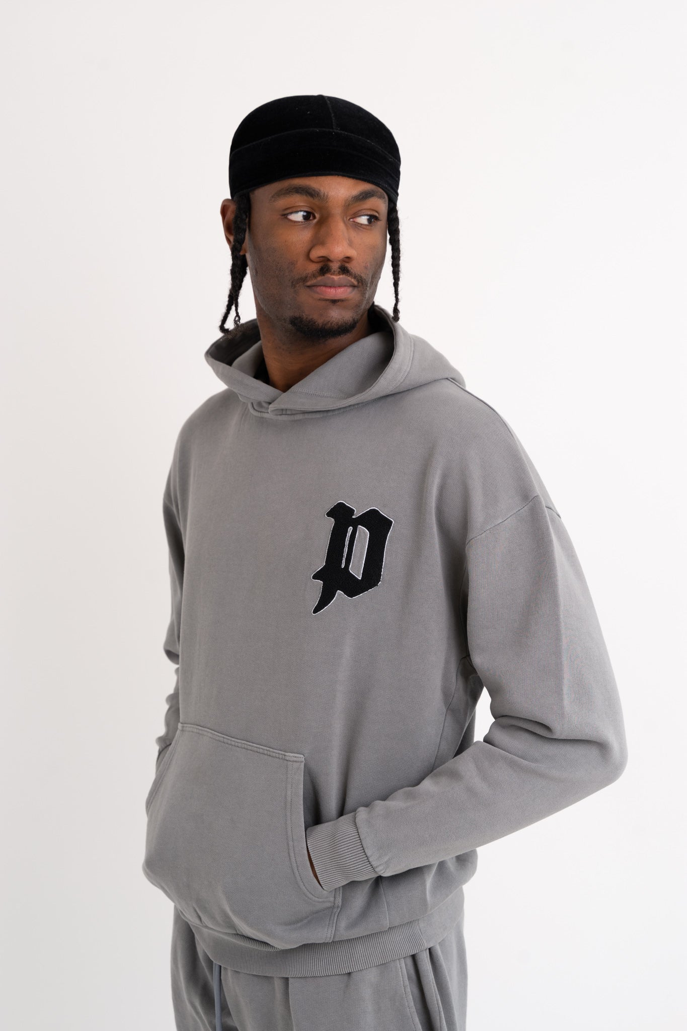 Chenille Patch Oversized Hoodie - Washed Grey