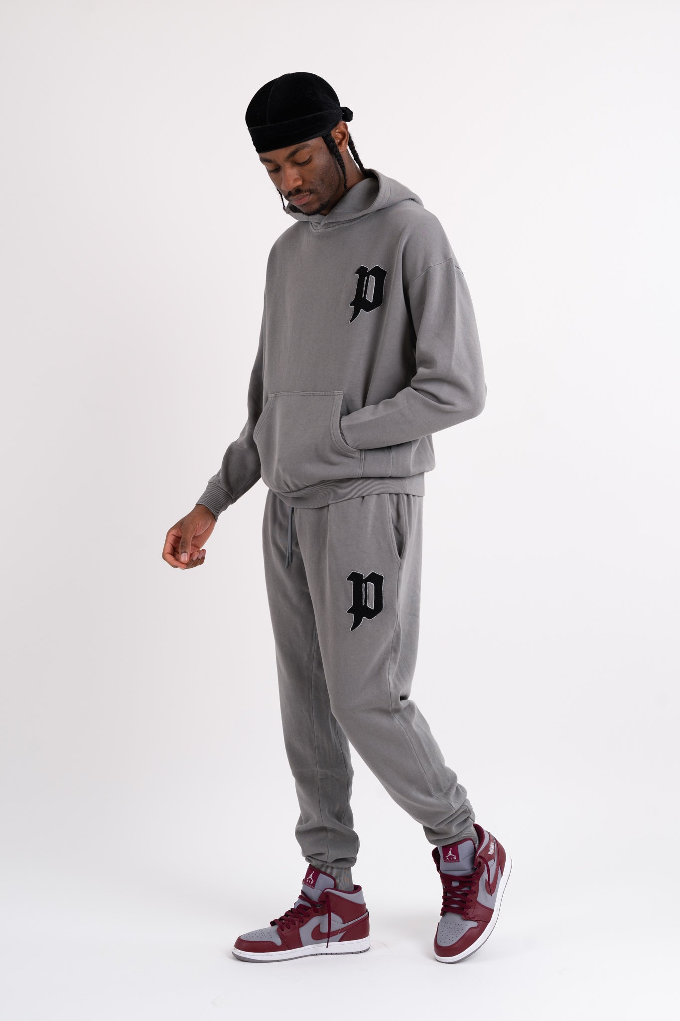 Chenille Patch Oversized Bottoms - Washed Grey