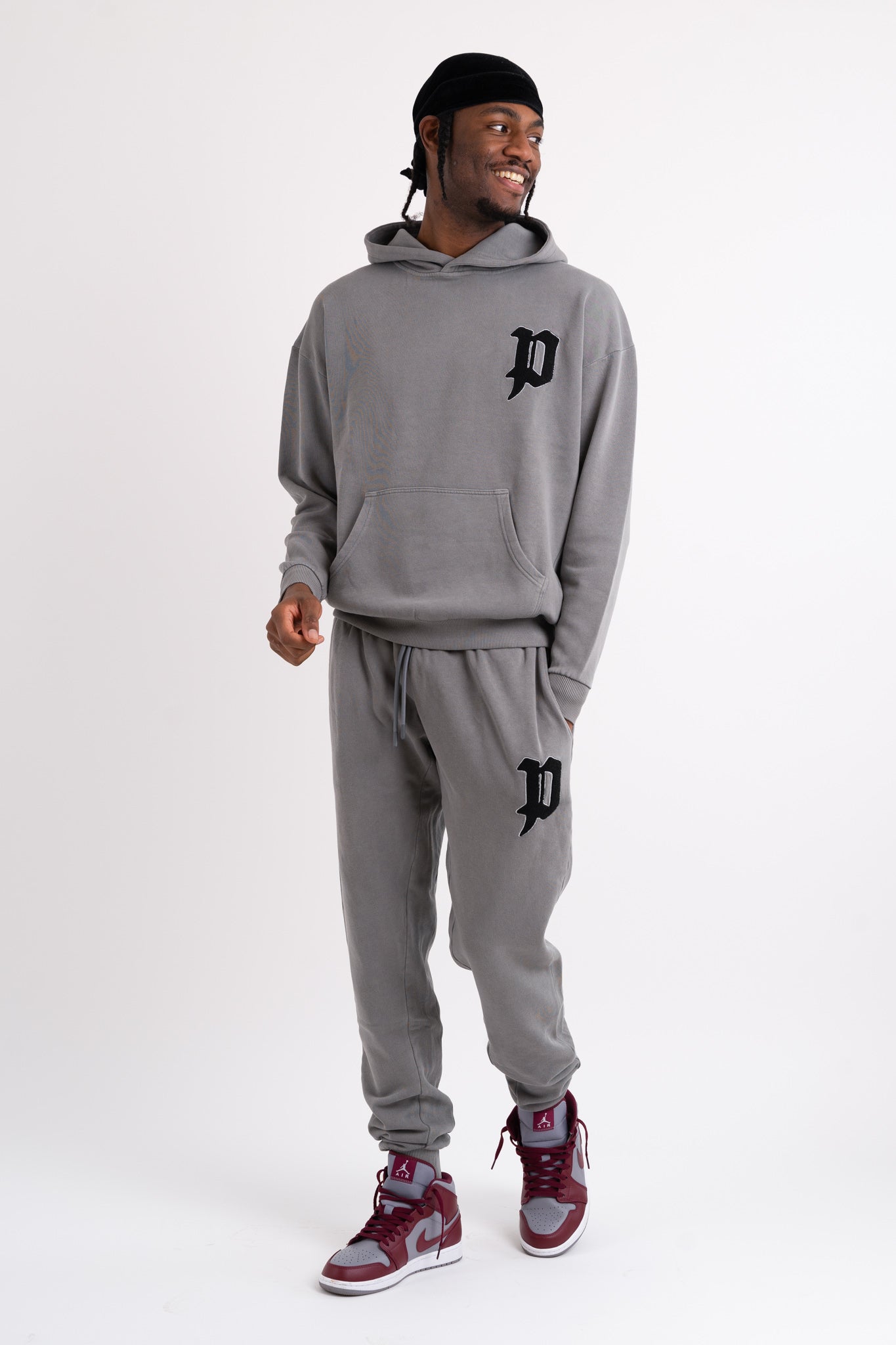 Chenille Patch Oversized Bottoms - Washed Grey